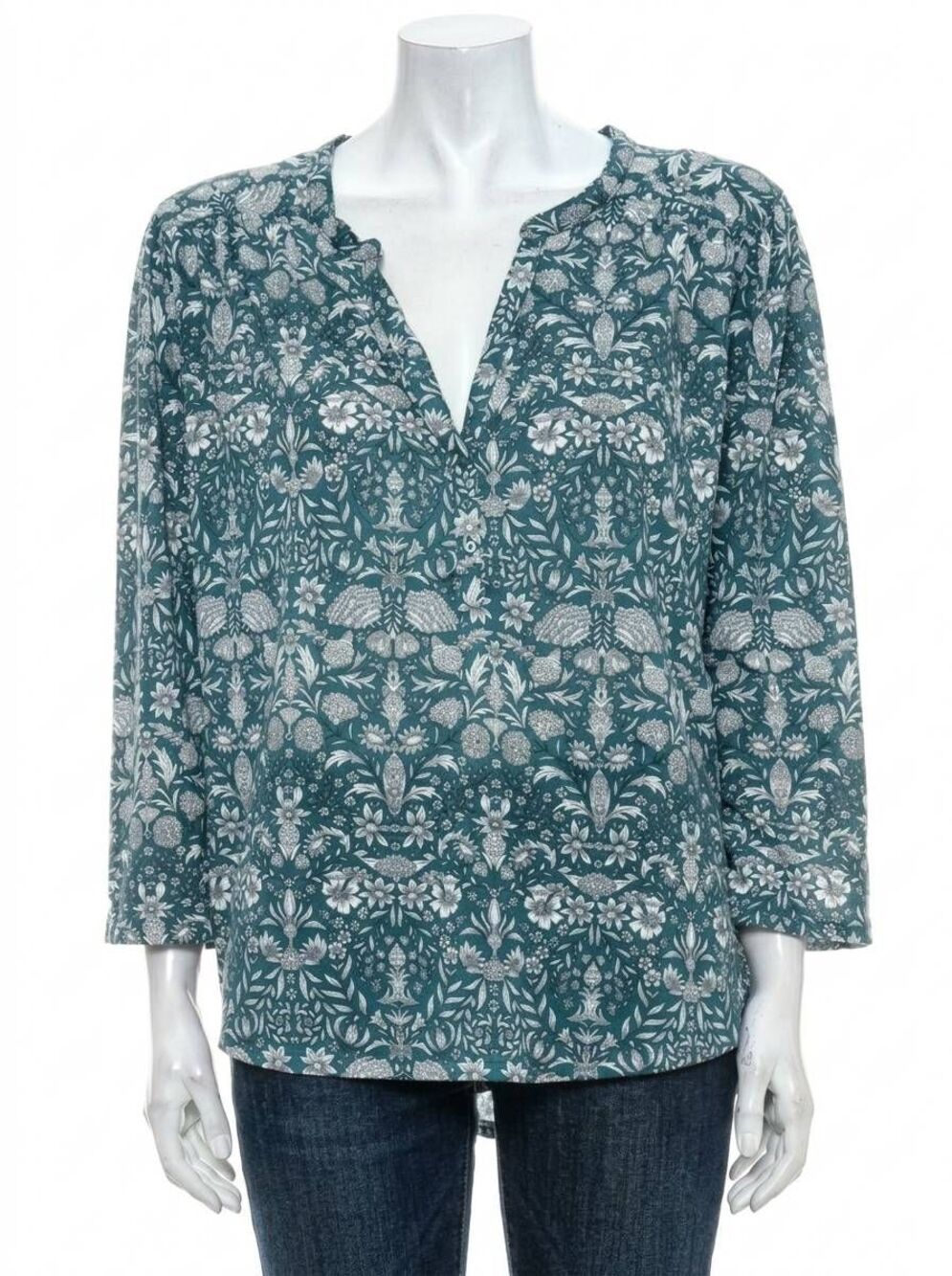 💛H&M Teal w/Cream Wildflower Print 3/4 Sleeve Top Large